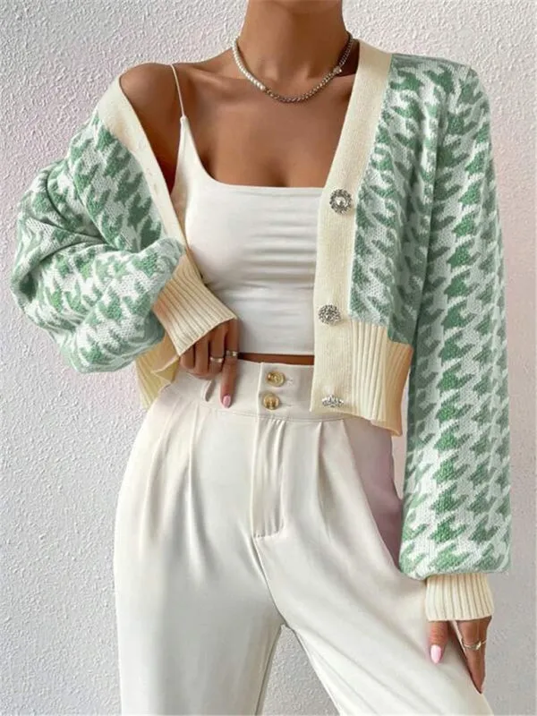 Houndstooth pattern lantern sleeve knitted cardigan sweater short coat