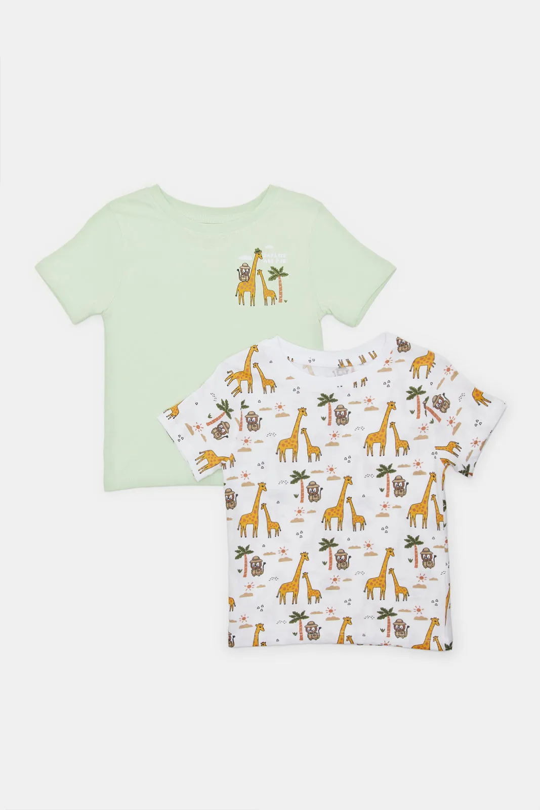 Infant Boys Green And Ivory Giraffe Print T-Shirt Set (2 Piece)