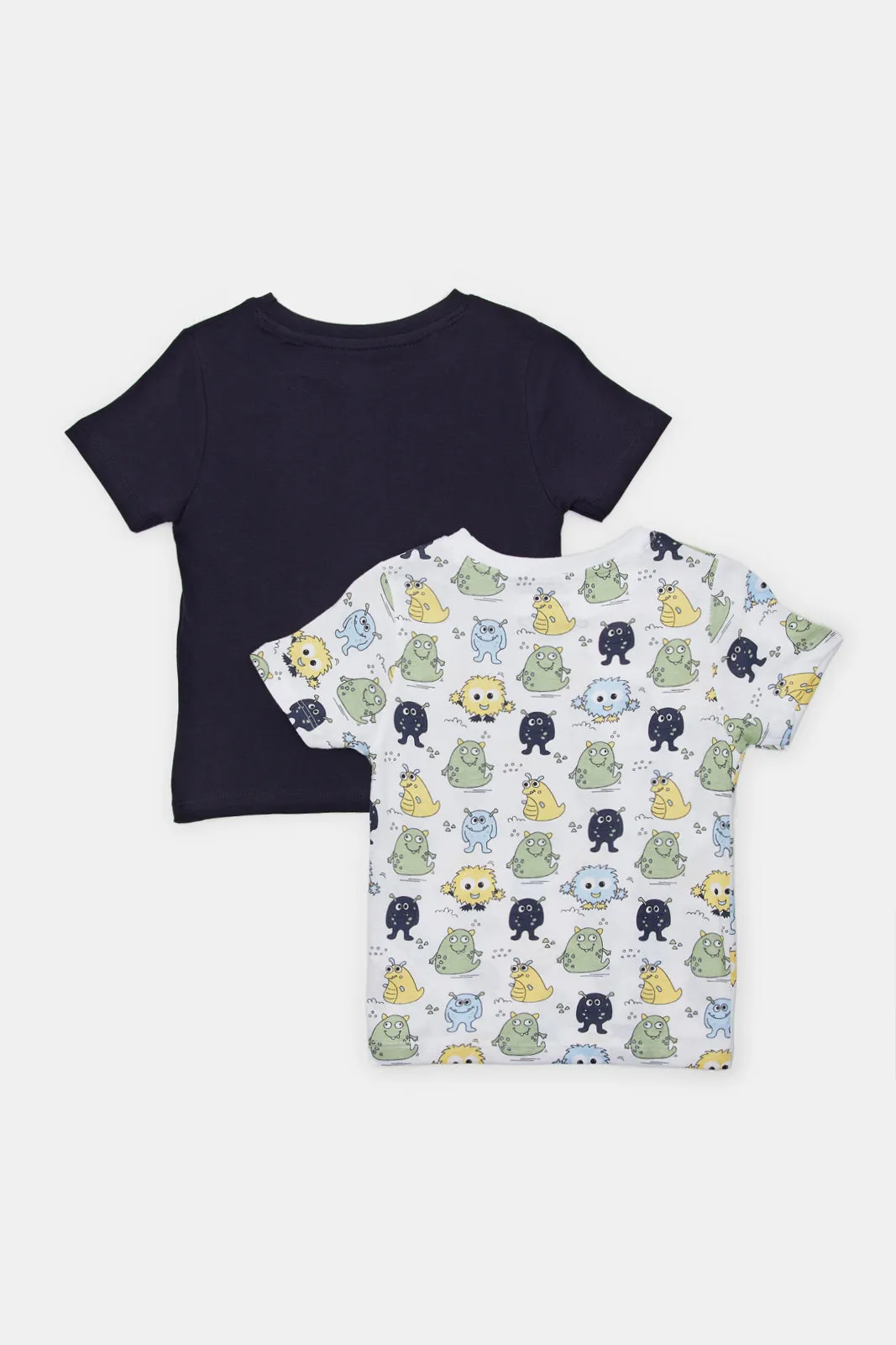 Infant Boys White And Navy Printed T-Shirt Set (2 Piece)