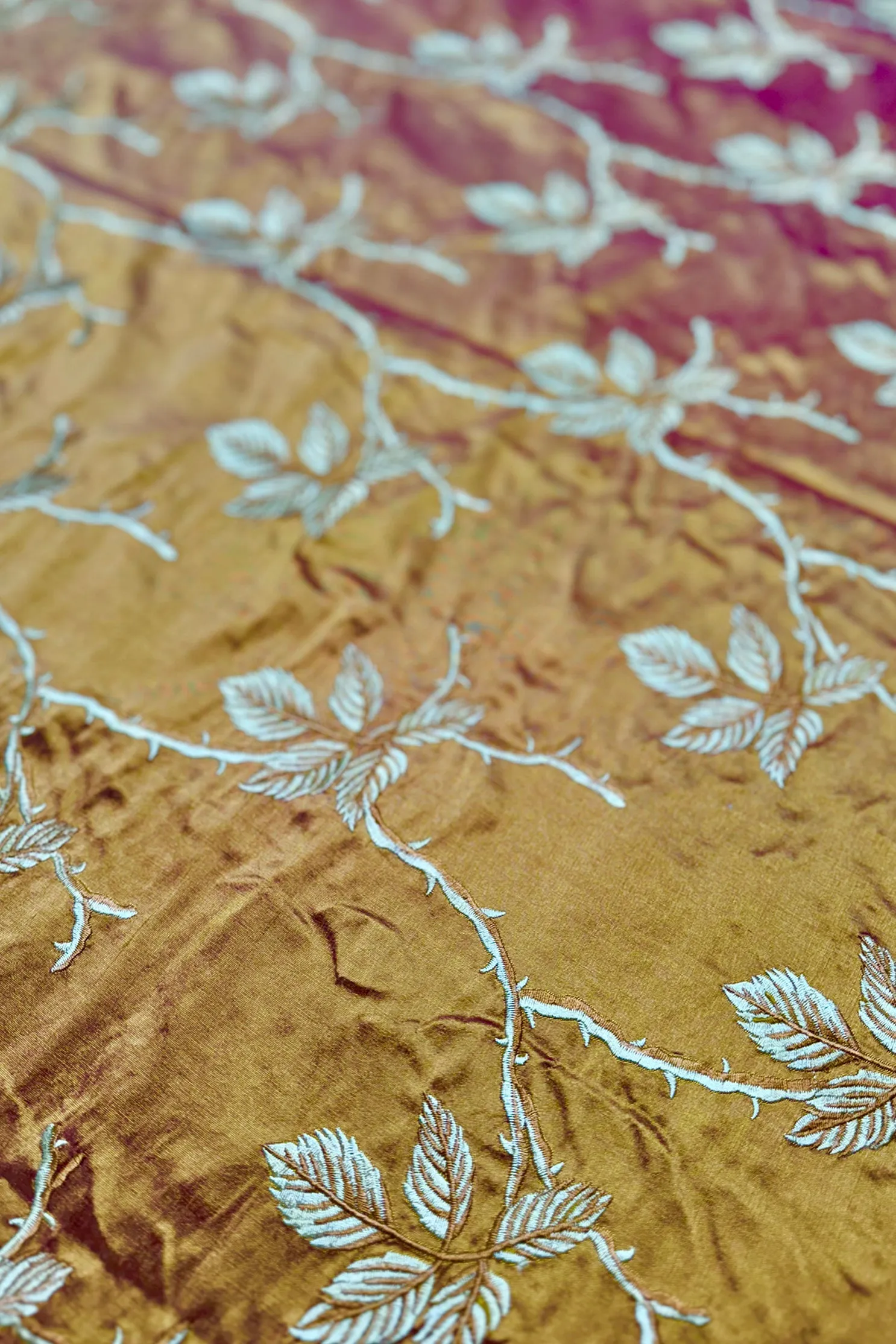 Iridescent Red/Gold Embroidered Dupioni Silk