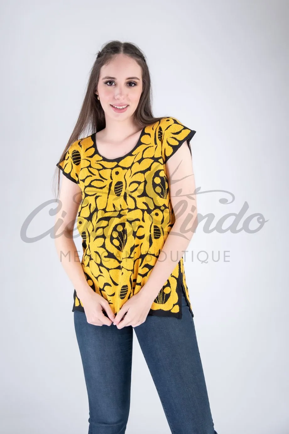 Jalapa Black Top with Gold Embroidery