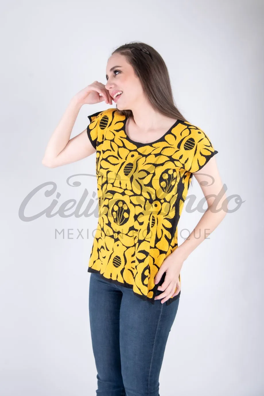 Jalapa Black Top with Gold Embroidery