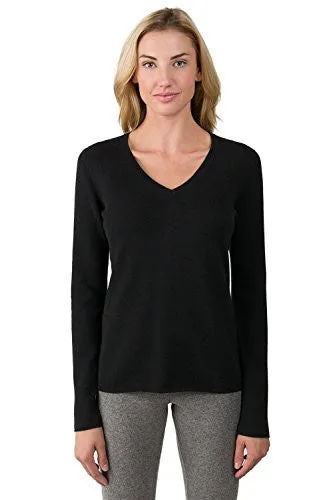 JENNIE LIU Women's 100% Pure Cashmere Long Sleeve Pullover V Neck Sweater (M, Black)