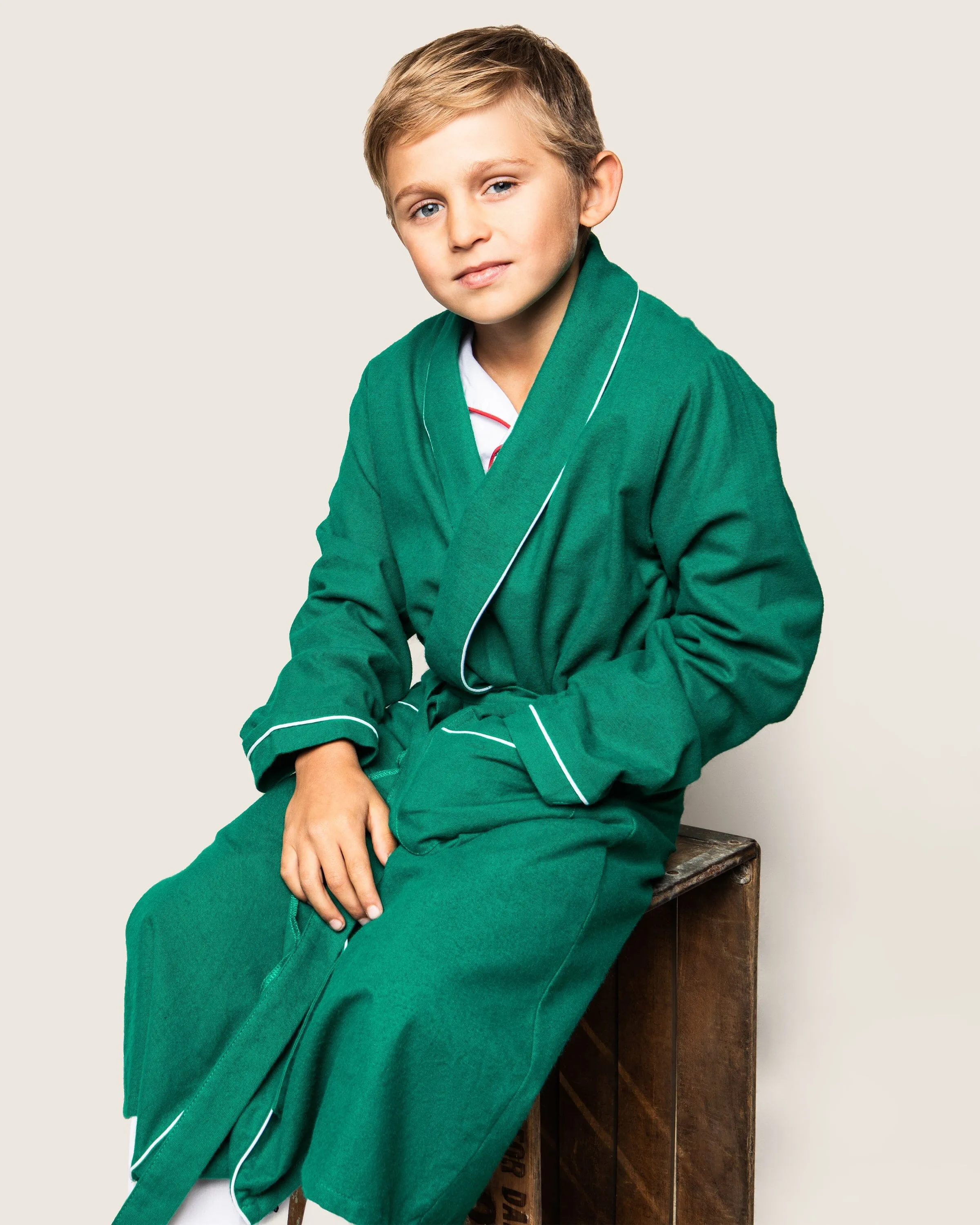 Kid's Flannel Robe in Forest Green with White Piping