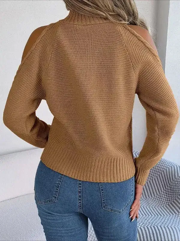 New women’s off-the-shoulder turtleneck hollow-out long-sleeved knitted pullover sweater