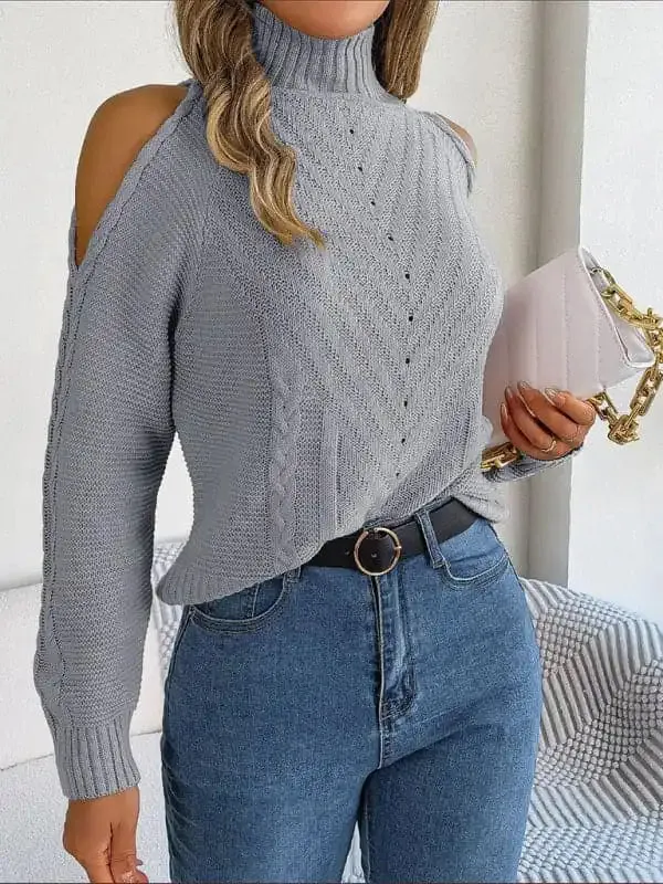 New women’s off-the-shoulder turtleneck hollow-out long-sleeved knitted pullover sweater