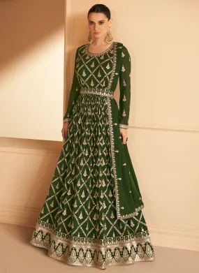 Olive Green Sequence Embroidery Wedding Anarkali Gown