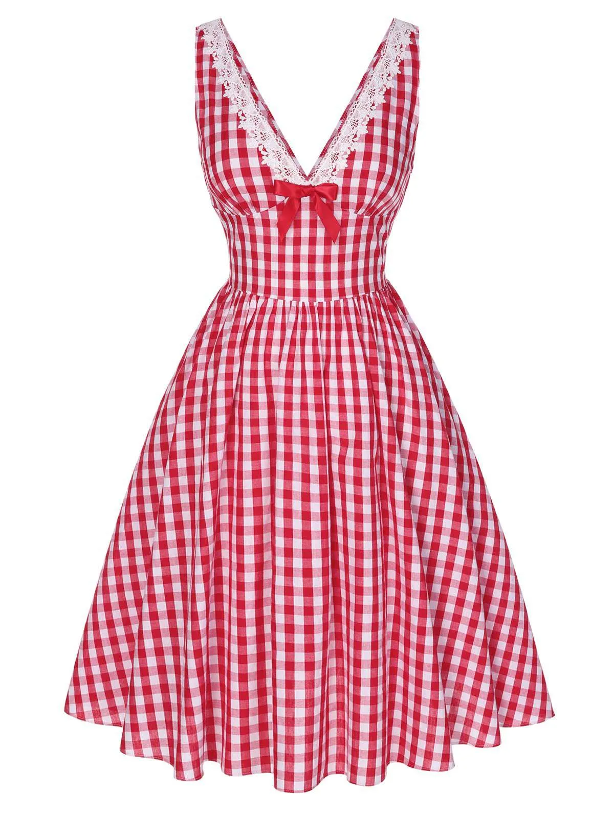 Red 1950s Lace V-Neck Plaid Dress