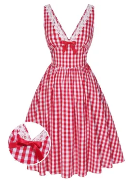 Red 1950s Lace V-Neck Plaid Dress