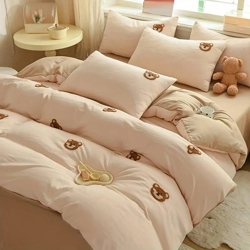 Teddy Bear Embroidery Duvet Cover Set,