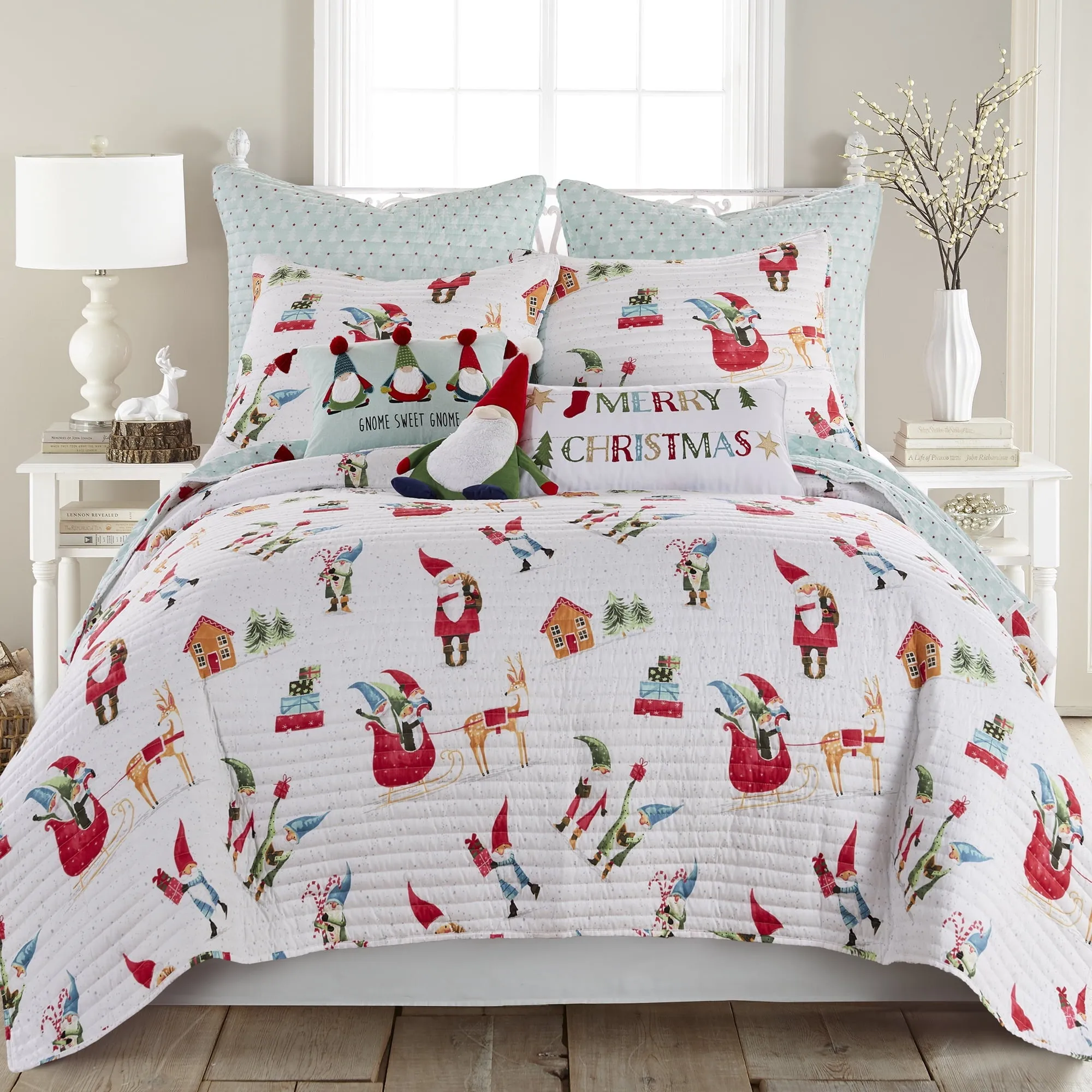 timeless Merry & Bright by  - Gnome for the Holidays Quilt - Full/Queen - Christmas Gnomes - Red, Green and White - Quilt (86x86in.) - Reversible - Microfiber White Reversible Blanket 68x68