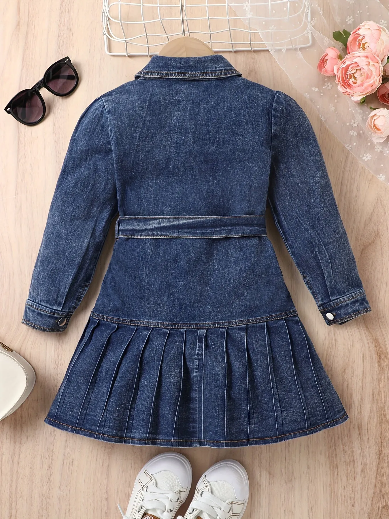 Trendy Girls’ Denim Dress with Collar & Bow Belt