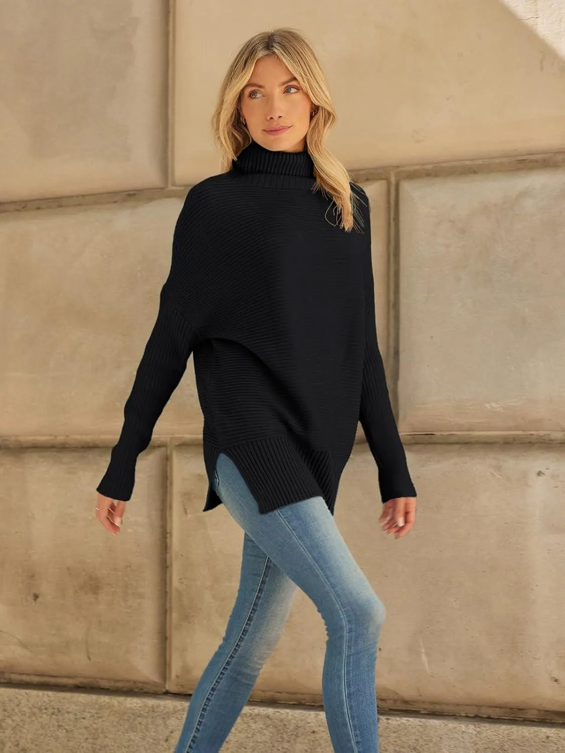 Women'S Oversized Turtleneck Sweaters 2024 Fall Batwing Sleeve Ribbed Tunic Sweater