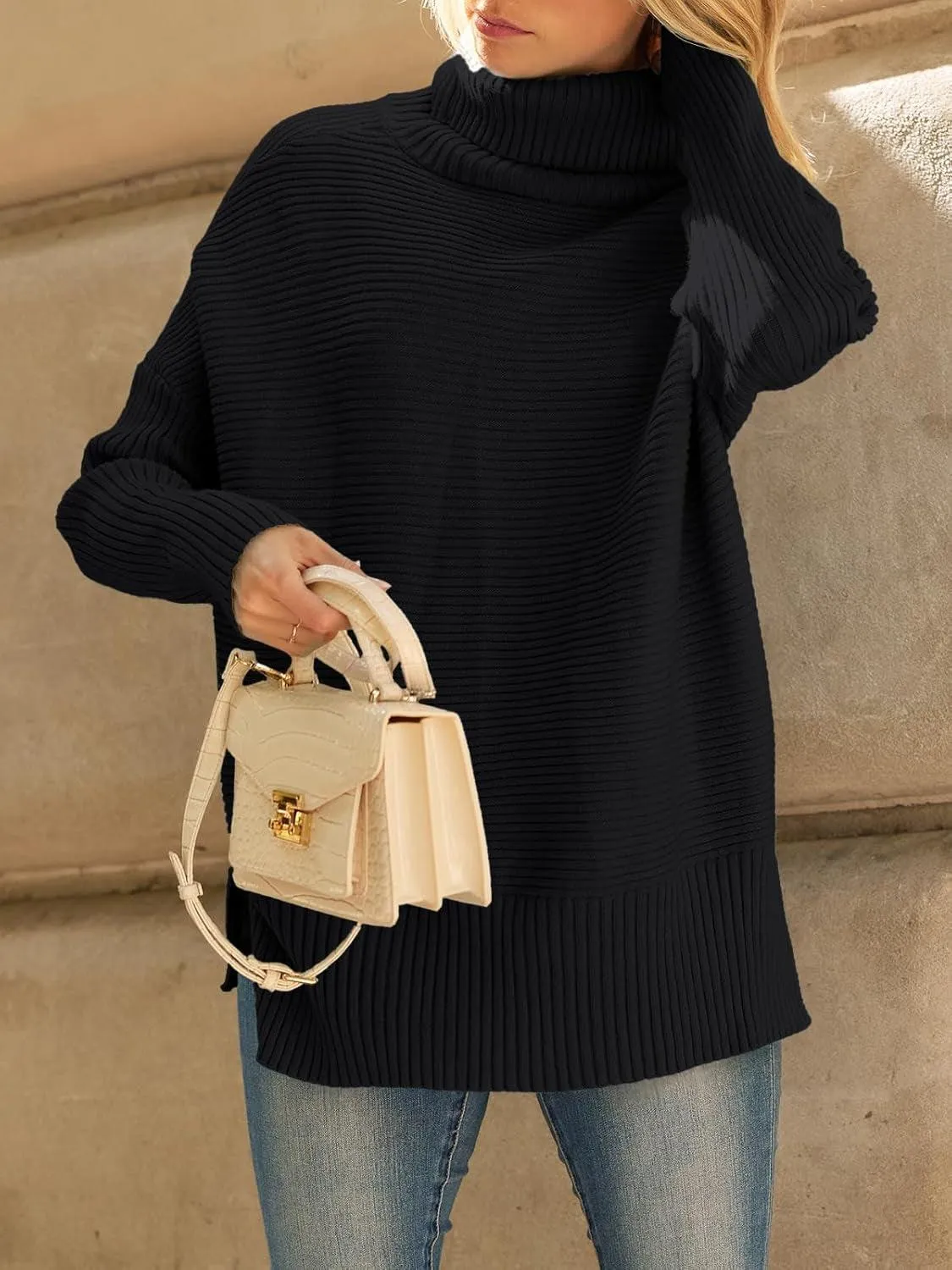 Women'S Oversized Turtleneck Sweaters 2024 Fall Batwing Sleeve Ribbed Tunic Sweater