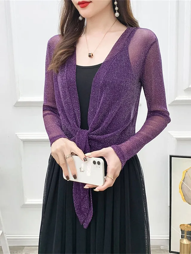 Women's Shrug Jumper Ribbed Knit Lace up Glitter Solid Color V Neck Shrugs Stylish Outdoor Daily Summer Spring Black White M L XL