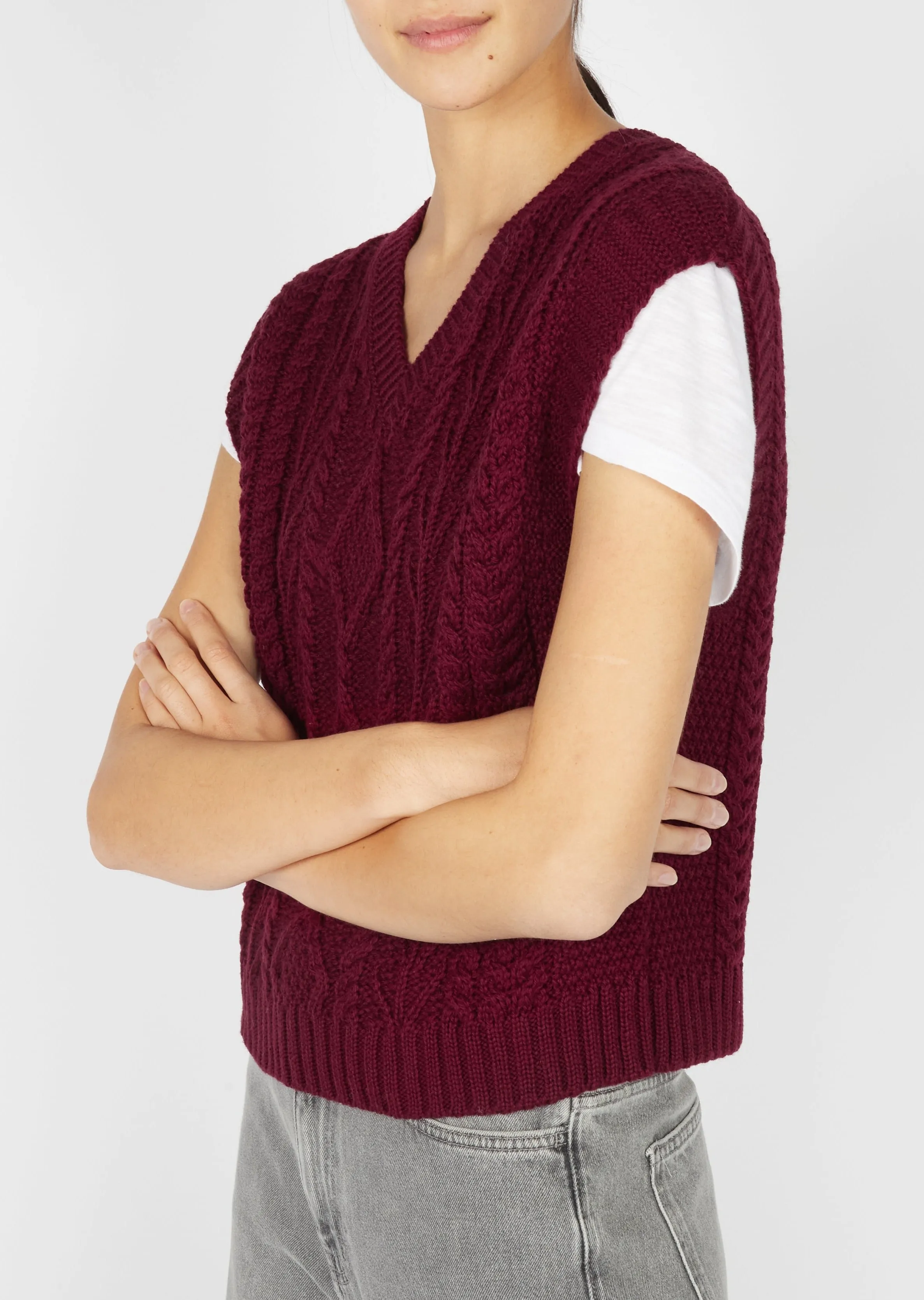 Women's V Neck Aran Vest | Claret