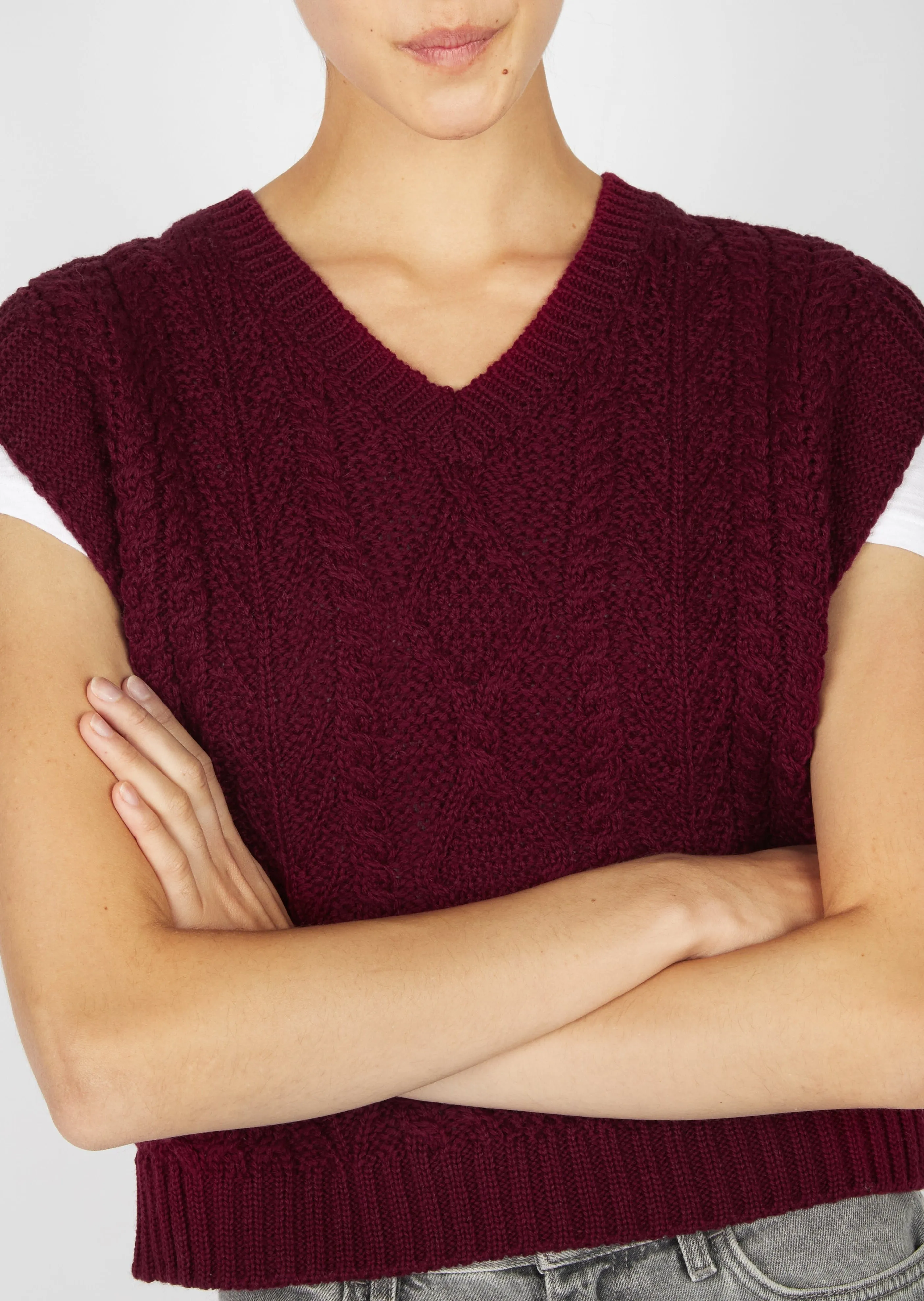 Women's V Neck Aran Vest | Claret