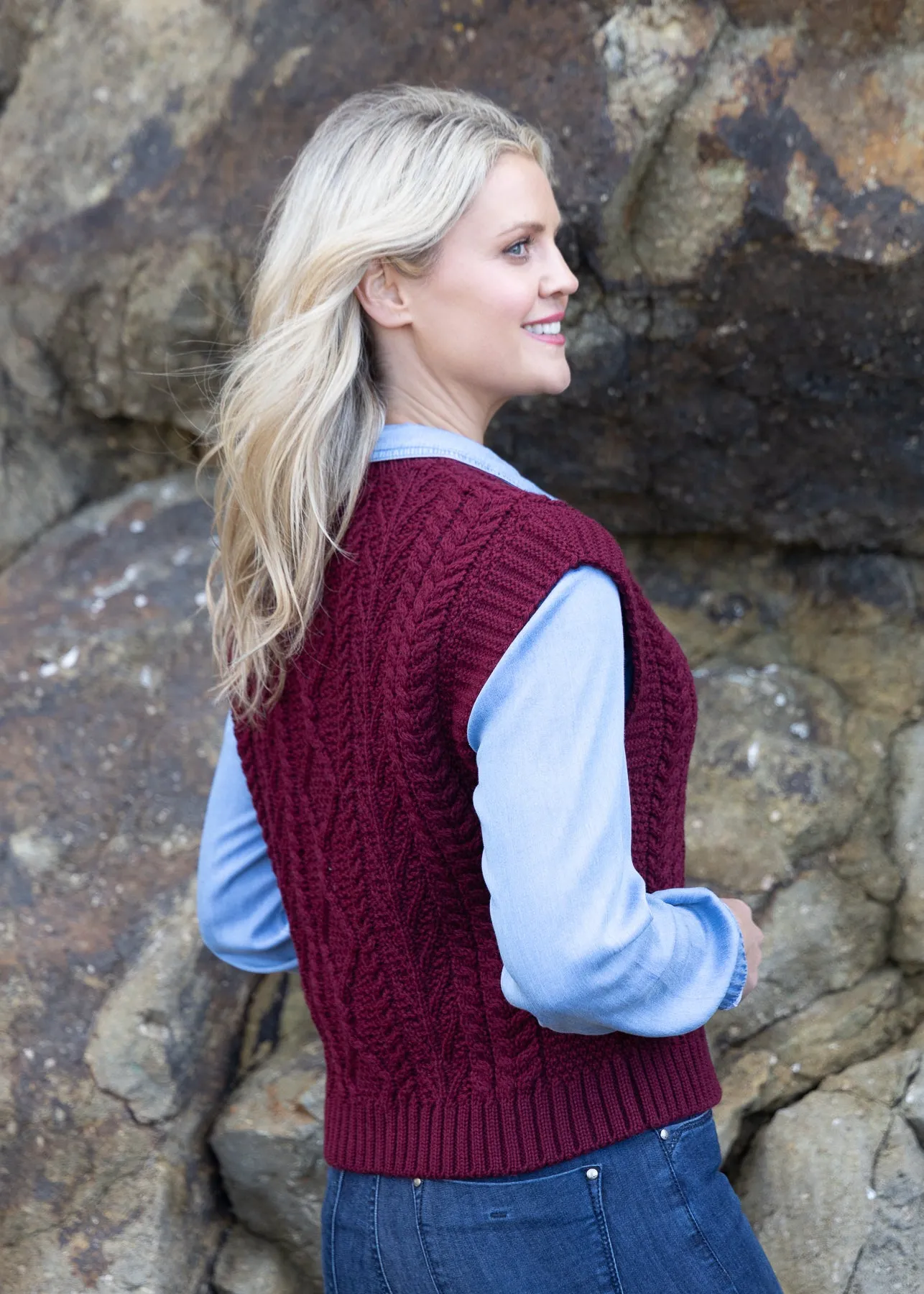 Women's V Neck Aran Vest | Claret