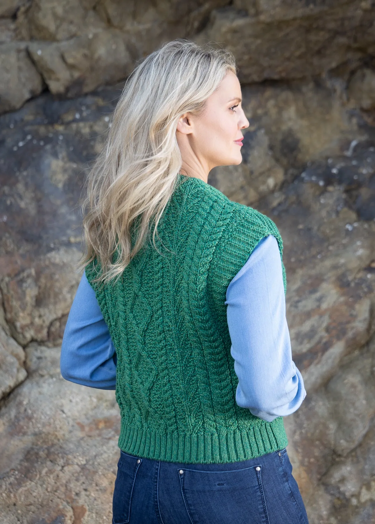 Women's V Neck Aran Vest | Green